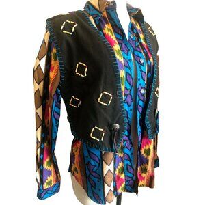 Vintage Rodeo Western Wear Colorful Aztec Tribal Rodeo Shirt Attached Vest Med